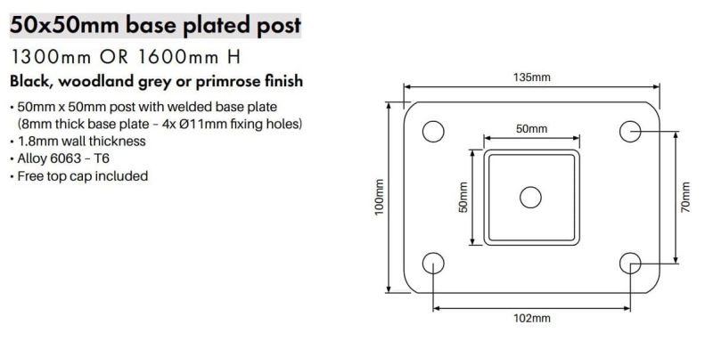 Fence Post - 50x50mm x 1600mm - Aluminium - Base Plated - B - Image 2