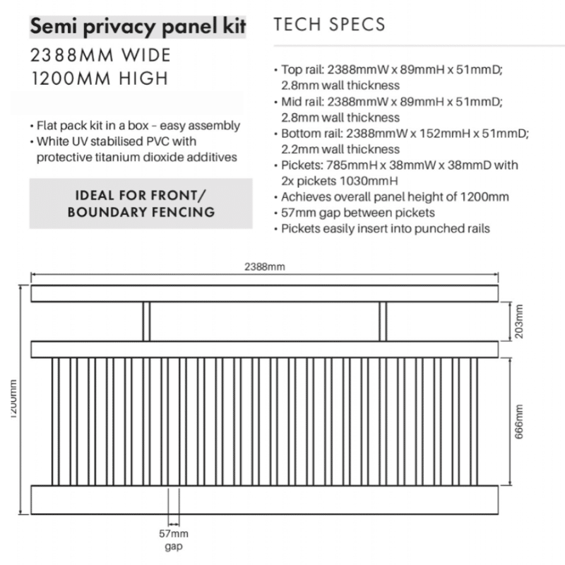 SEMI PRIVACY - Fence Panel - 2388W x 1200H - Image 3