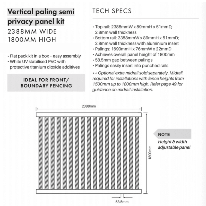 VERTICAL PALING: Fence Panel - 2338W x 1800H - Image 5