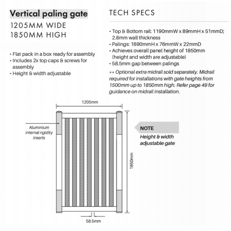 VERTICAL PALING: Gate Panel - 1205W x 1850H - Image 2